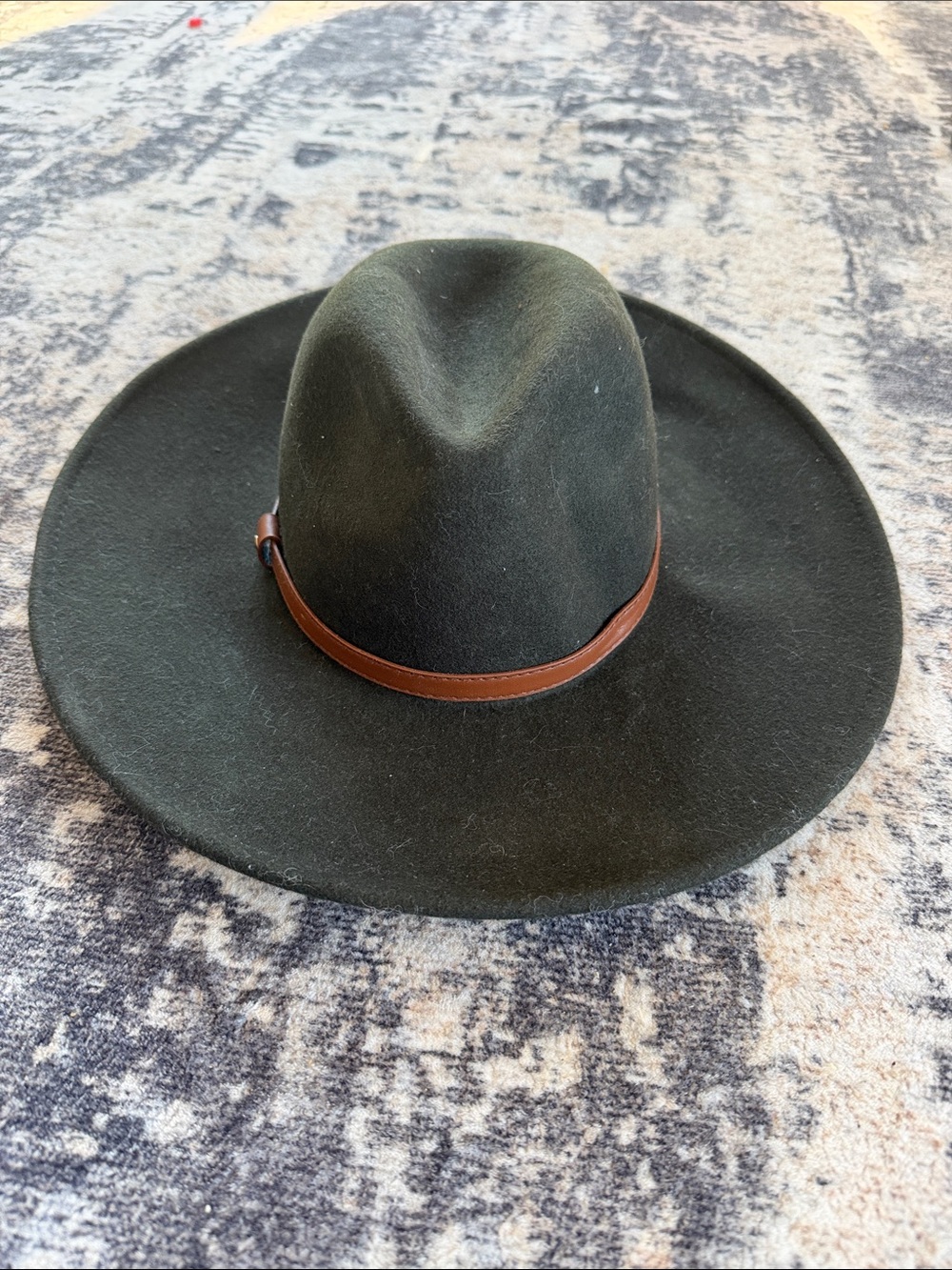 Wide Brim Felt Hat with Brown Band - Dark Green